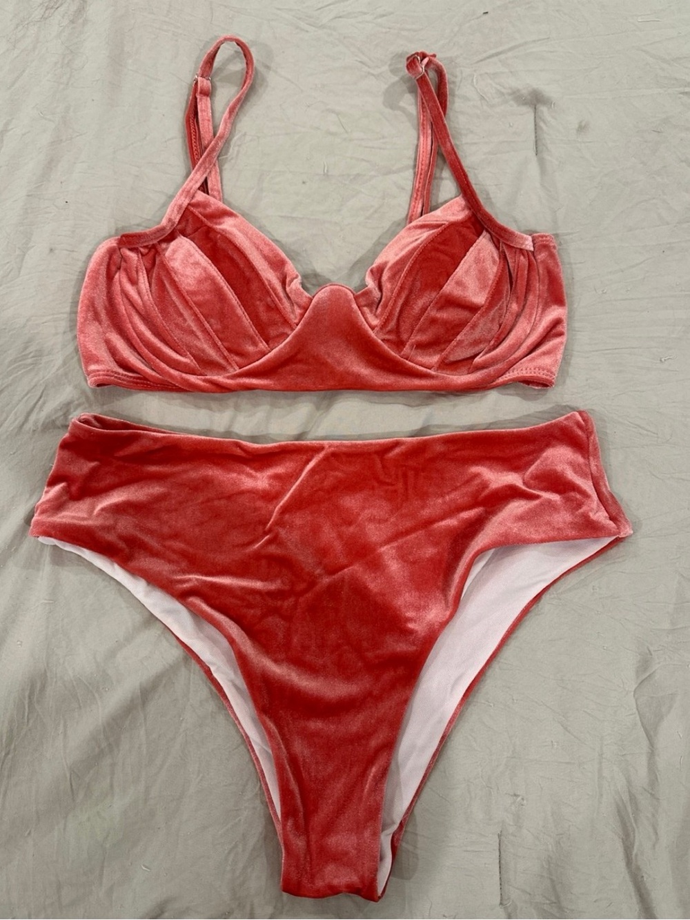 Zaful Coral Velvet High-Waist Bikini Set